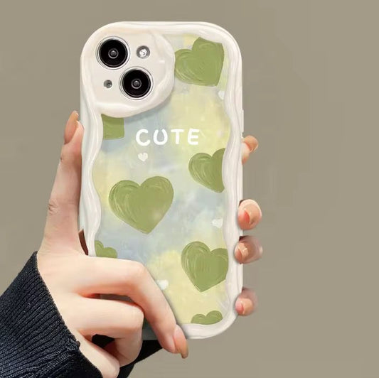 Couple's Cute Green Heart Wave Edge Phone Case  💫💚