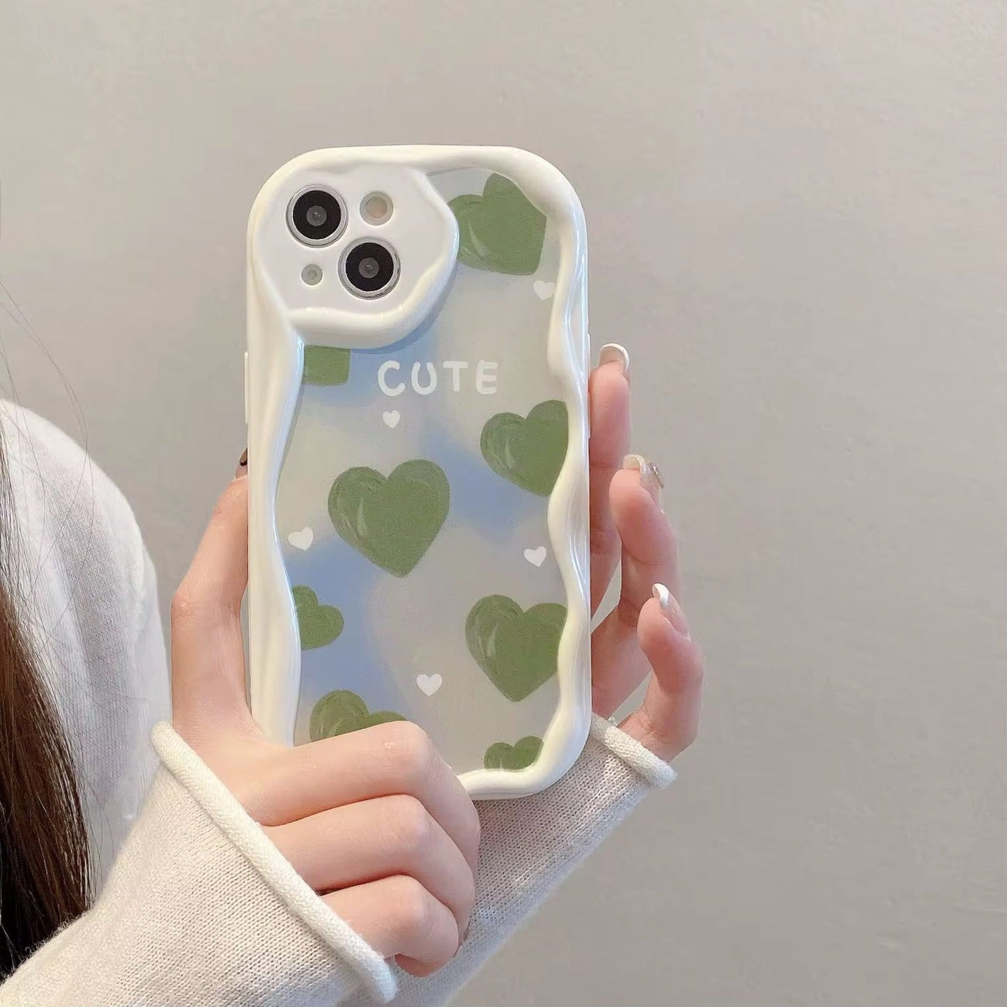 Couple's Cute Green Heart Wave Edge Phone Case  💫💚